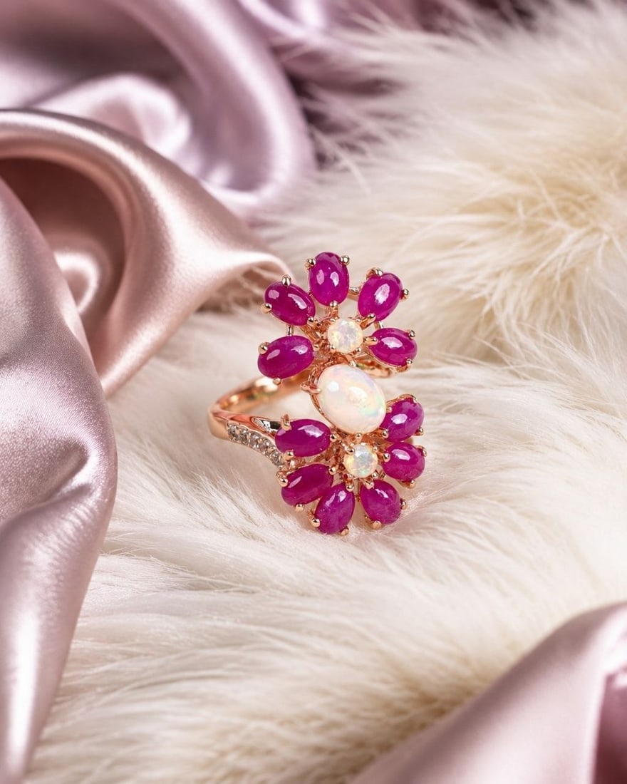Handcrafted Opal Ruby Floral Ring - 3