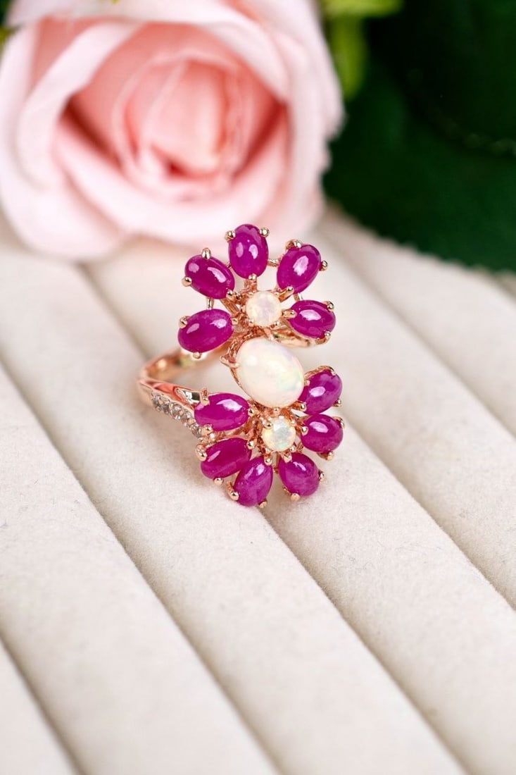 Handcrafted Opal Ruby Floral Ring - 9