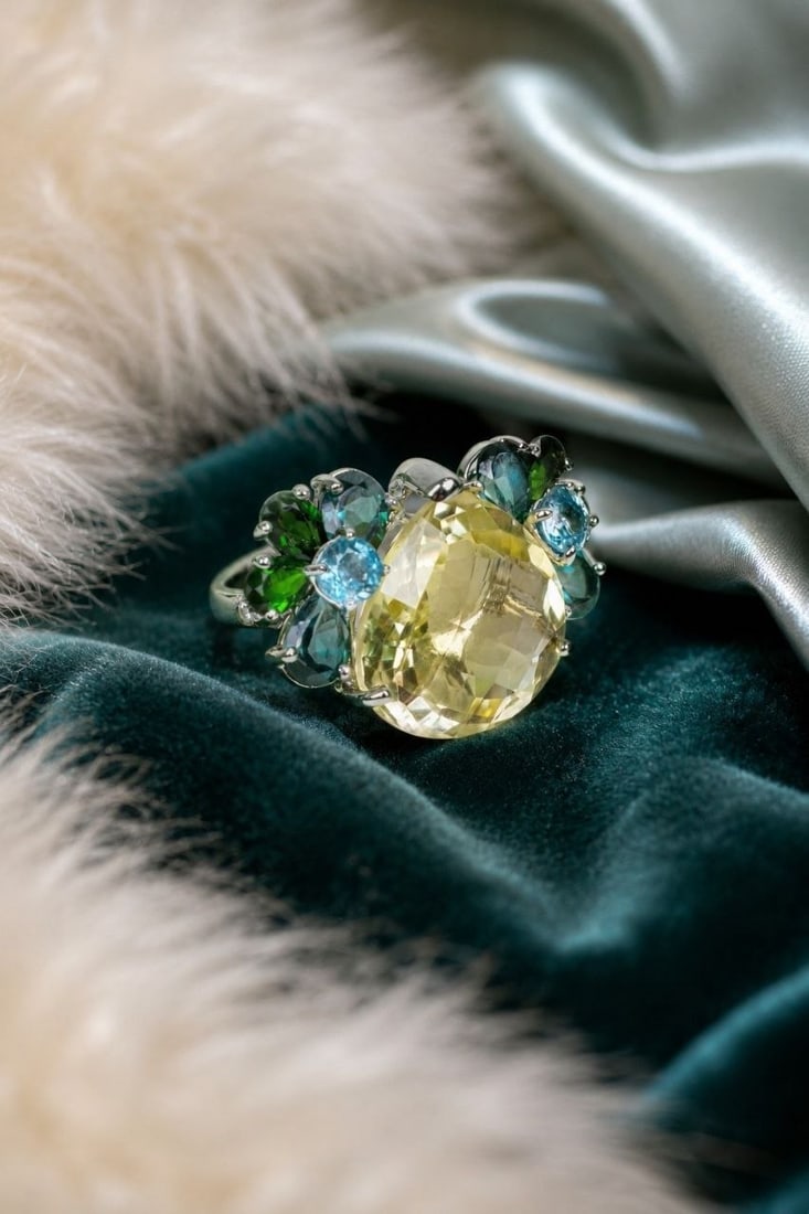 Lemon Quartz Green Topaz Statement Ring - 13