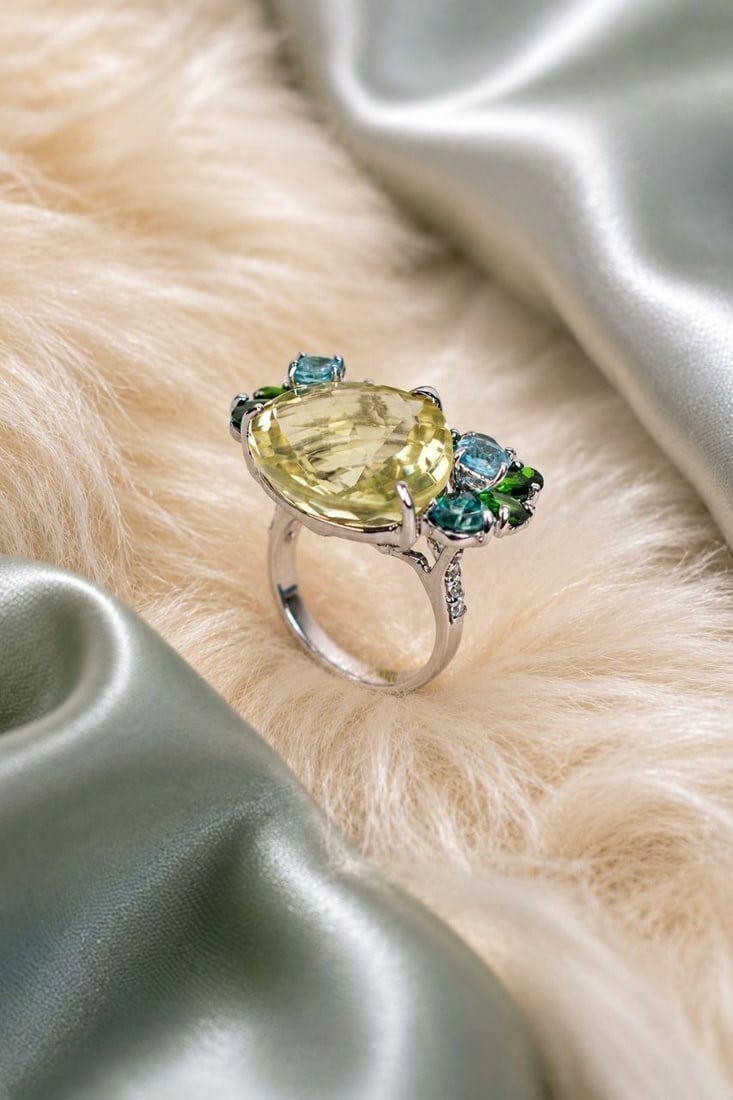 Lemon Quartz Green Topaz Statement Ring - 16