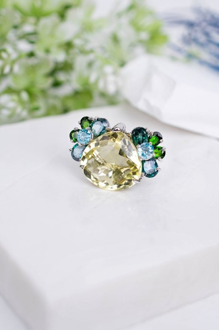 Lemon Quartz Green Topaz Statement Ring - 17