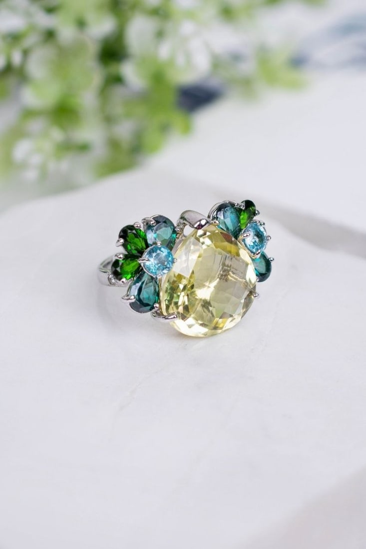 Lemon Quartz Green Topaz Statement Ring - 20