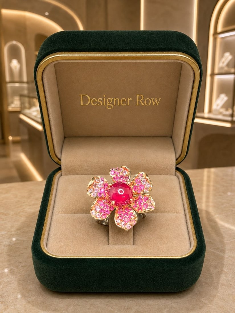 Ruby & White Zircon Floral Statement Ring - 12