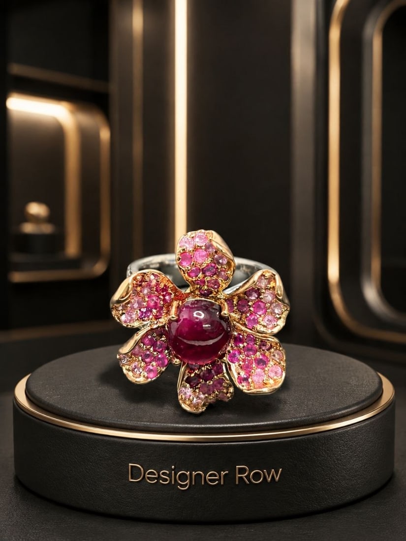 Ruby & White Zircon Floral Statement Ring - 13