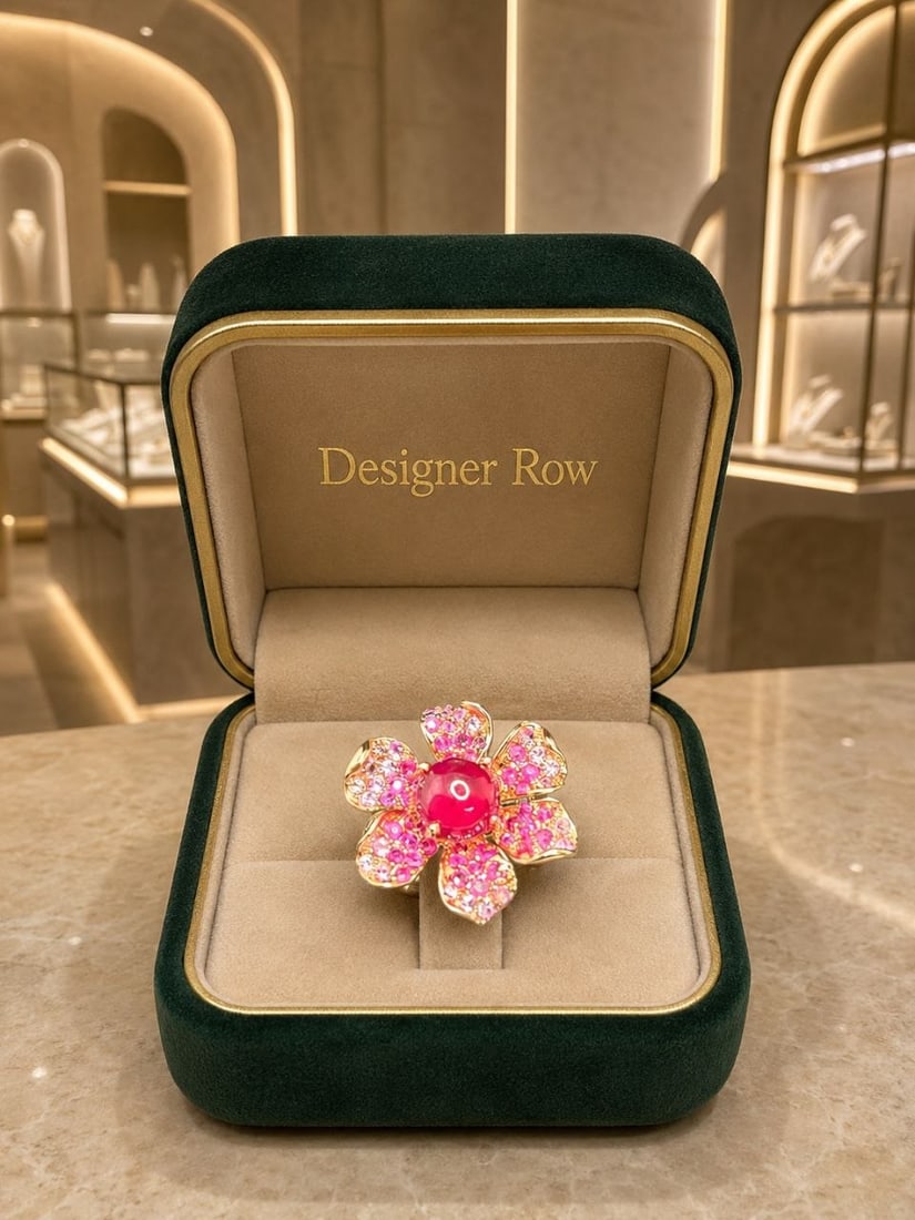 Ruby & White Zircon Floral Statement Ring - 20