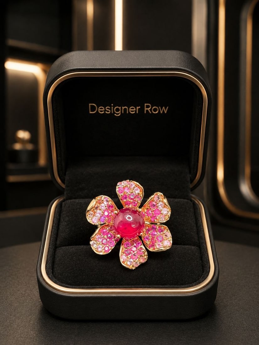Ruby & White Zircon Floral Statement Ring - 4