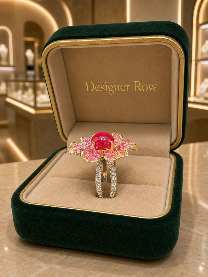 Ruby & White Zircon Floral Statement Ring - 7