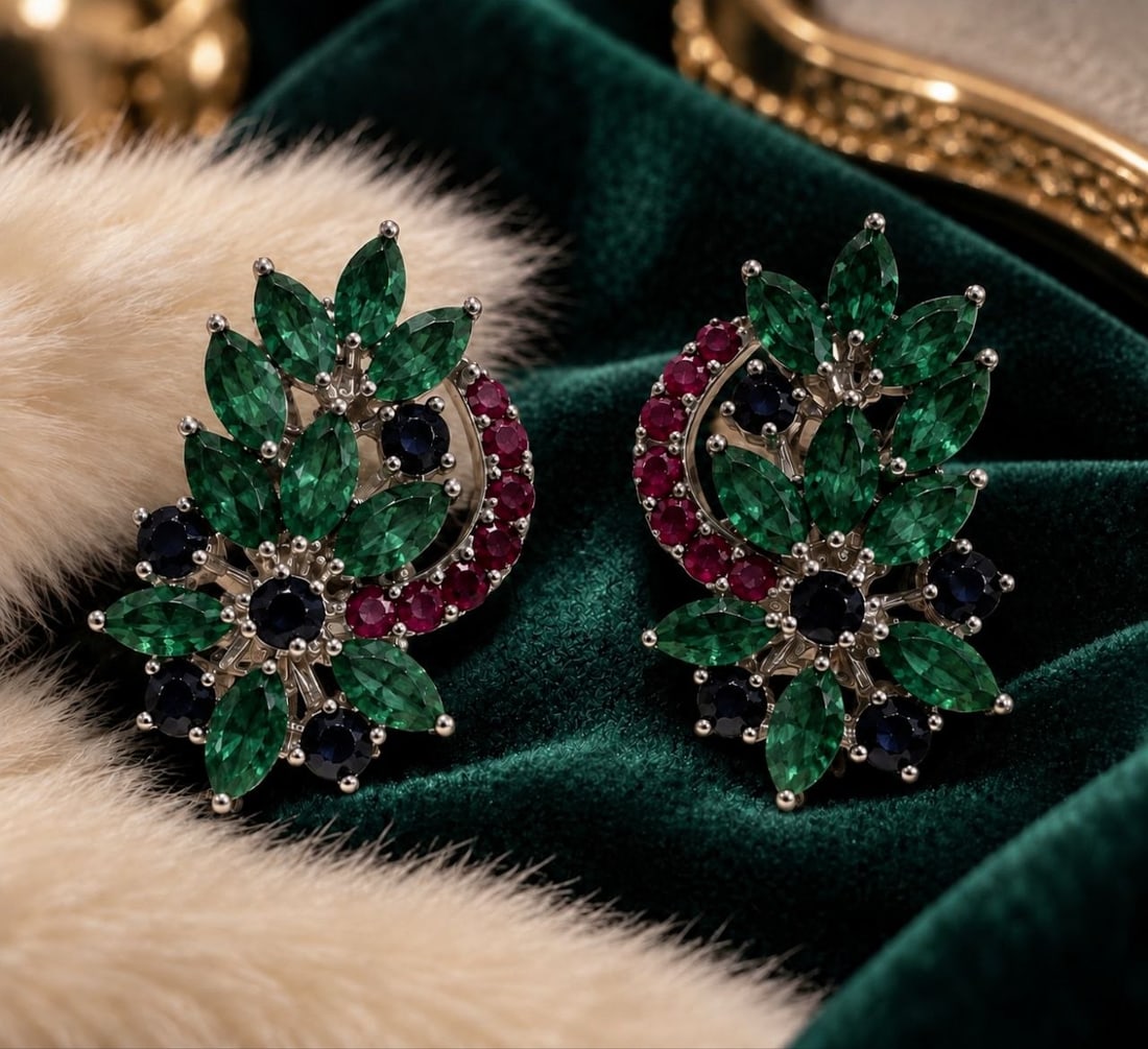 Handmade Emerald, Sapphire & Ruby Earrings - 2