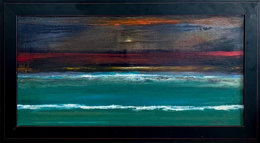 Breakers by John Axton: 12"x 24"oil painting. Purchased at Ventana Gallery in Santa Fe, NM Condition of painting is excellent. Condition of frame is good.Known for his simple, dramatic, often haunting imagery has created a