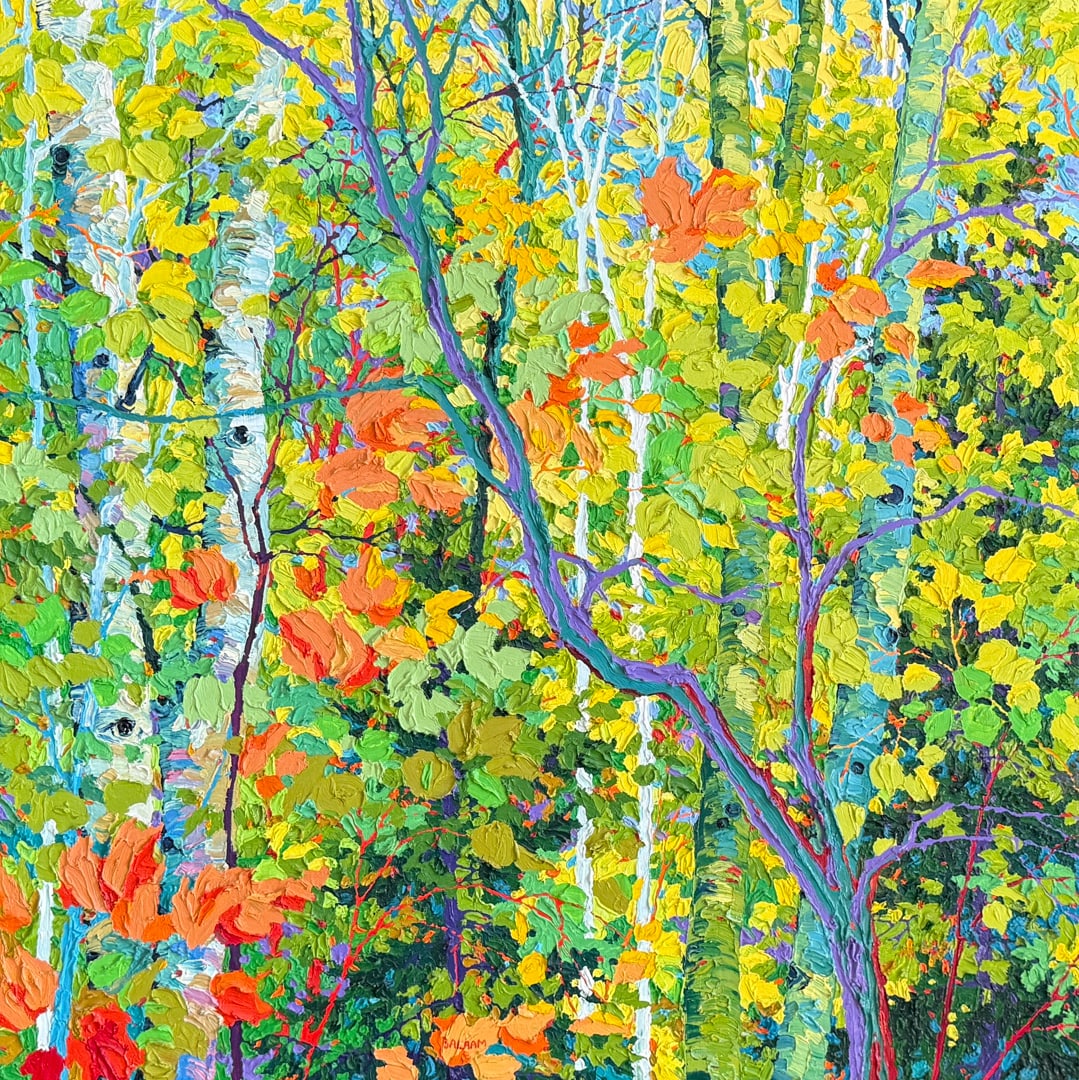Canyon Road Nature Reserve by the Pond by Frank Balaam: 30"x30" oil painting (unframed). Purchased from Ventana Gallery in Santa Fe, NM. Certification included.Frank Balaam was born after WWII in the UK, and attended Blackpool and Edinburgh Colleges of Fin