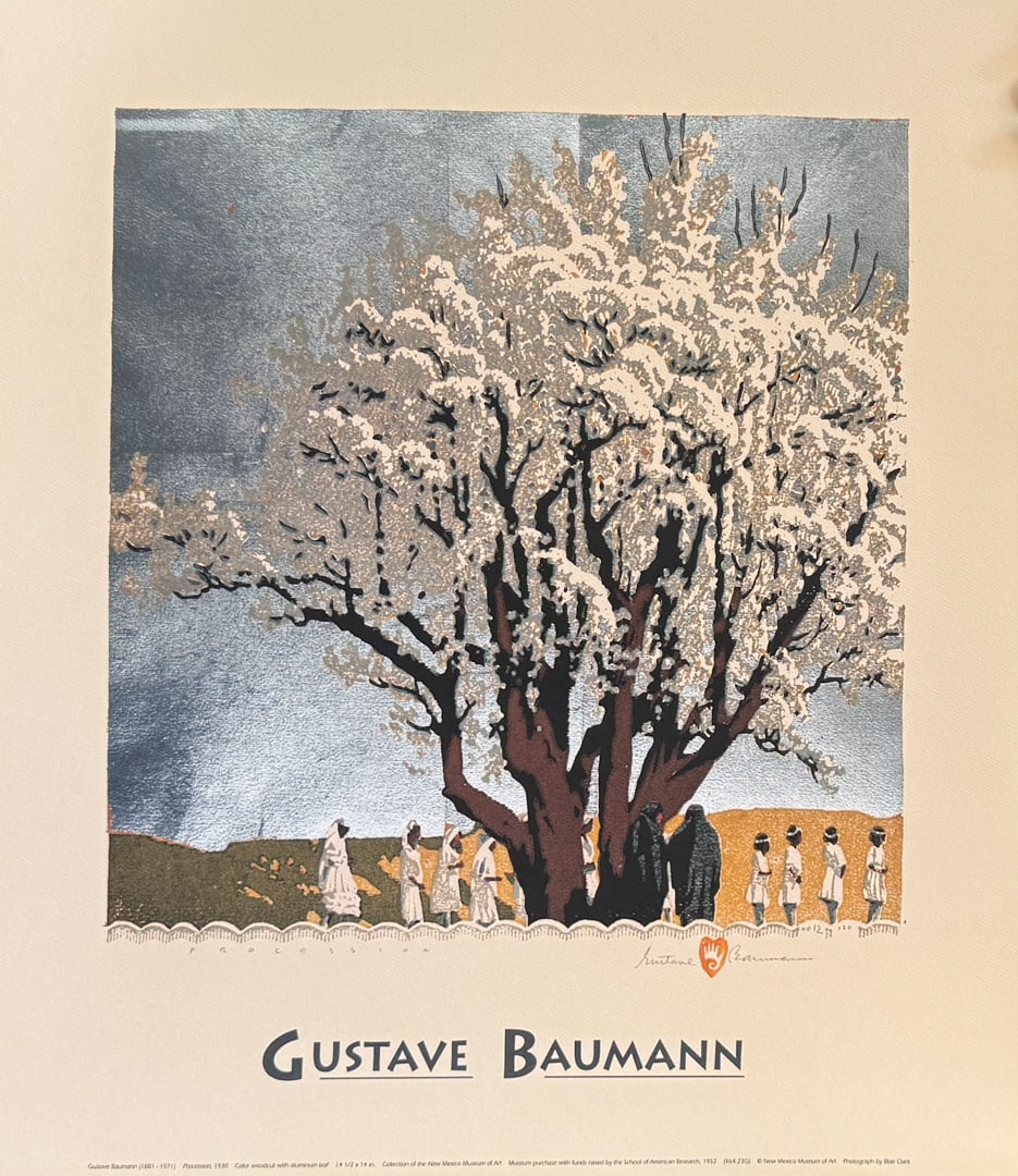 Procession, 1930 by Gustave Baumann: 14.5 x 14" Signed print. (12/120).Gustave Baumann (June 27, 1881 – October 8, 1971) was an American printmaker and painter, and one of the leading figures of the color woodcut revival in