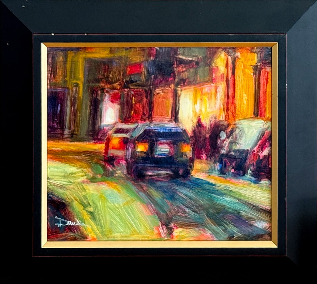 Through the Snow by Doug Dawson: 11"x12" oil painting. Purchased at Ventana in Santa Fe, NM.Doug Dawson's paintings reflect the diverse interests of this articulate, philosophical and caring artist. His work features urban night