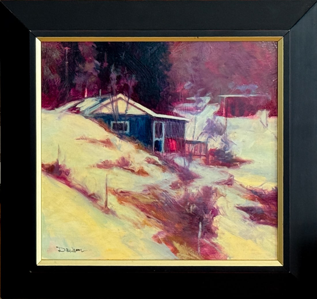 Colorado Snow by Doug Dawson: 14"x15" oil painting. Purchased at Ventana in Santa Fe, NM.Doug Dawson's paintings reflect the diverse interests of this articulate, philosophical and caring artist. His work features urban night