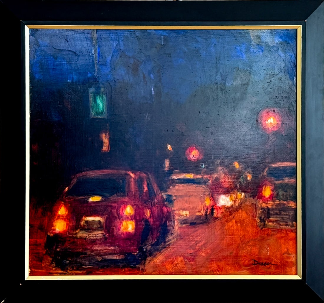 City Traffic by Doug Dawson: 22"x24" oil painting. Purchased at Ventana in Santa Fe, NM.Doug Dawson's paintings reflect the diverse interests of this articulate, philosophical and caring artist. His work features urban night