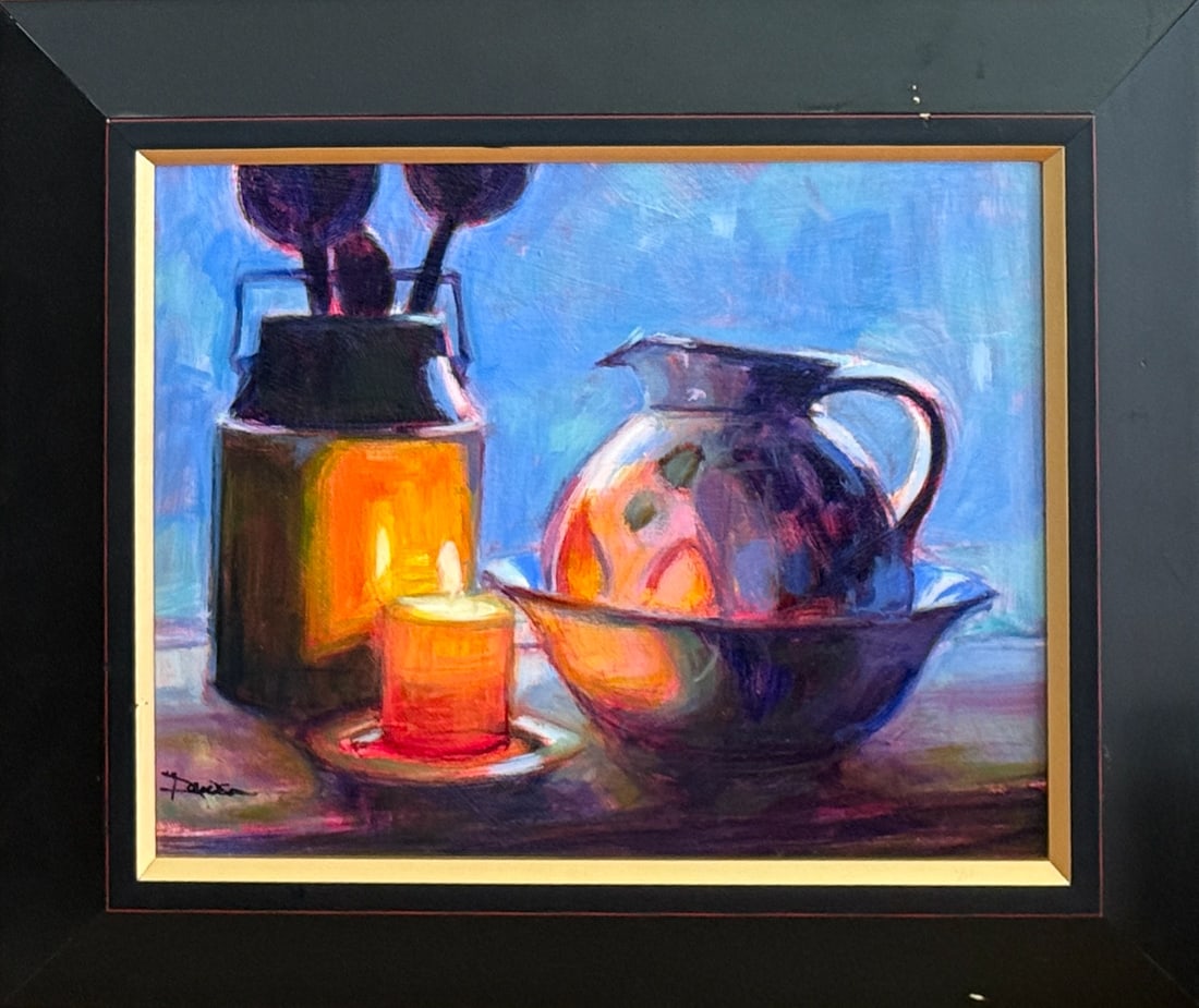 Candle and Pitcher by Doug Dawson: 11"x14" oil painting. Purchased at Ventana in Santa Fe, NM.Doug Dawson's paintings reflect the diverse interests of this articulate, philosophical and caring artist. His work features urban night