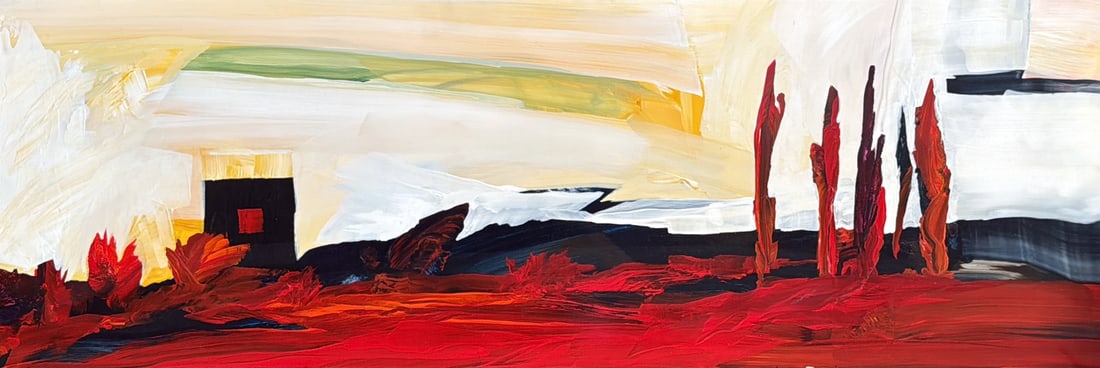 Enchilada Morning by Dick Evans: 12"x36" acrylic painting. Purchased from Ventana in Santa Fe, NM.Comes with certification.Dick Evans was born in Roswell, New Mexico. When he was nine, the family moved to a rural farming community in