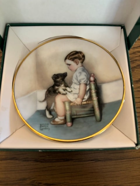 Bessie Pease Gutman, Sympathy: Collectible Plate, 1991, Mini plate of a little girl sitting in a chair playing with a puppy, distributed by The Heirloom Tradition, original box
