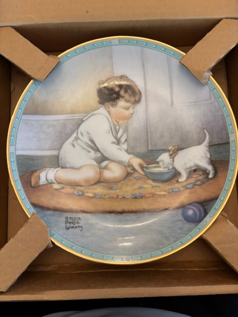 Bessie Pease Gutman, Kitty's Breakfast, Plate # 0845A: Collectible Plate, 1989, Dinner plate of painting of a toddler feeding a kitty milk, Childhood Reflections Plate Collection,rim of plate is trimmed in 23K gold, distributed by The Heirloom Tradition, 