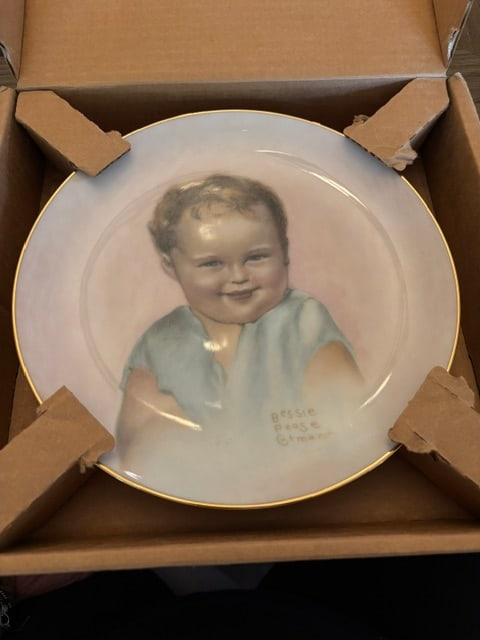 Bessie Pease Gutman, Billy, Plate # 1565A: Collectible Plate, 1987, Dinner plate of a blue eyed baby boy smiling , Bundles of Joy Plate Collection, Seventh Issue,rim of plate is trimmed in 23K gold, distributed by The Heirloom Tradition, origi