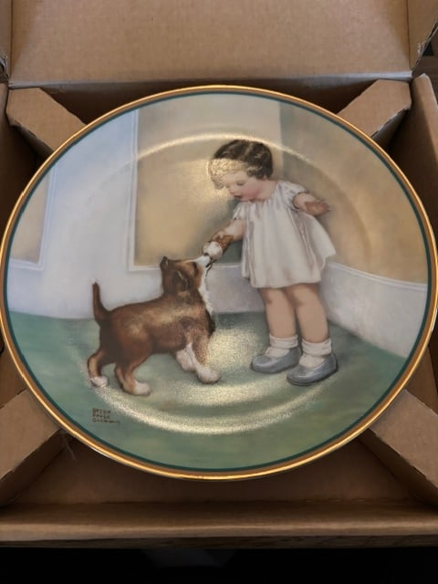 Bessie Pease Gutman, The Reward, Plate # 2277Q: Collectible Plate, 1985, Dinner plate of a painting of a toddler sharing her ice cream , A Child's Best Friend Plate Collection, Second Issue, rim of plate is trimmed in 23K gold, distributed by The H