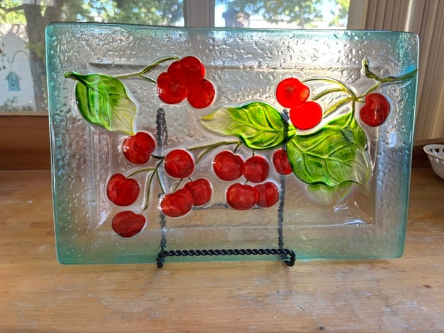 Mid Century Stained Glass Sun Catcher Plate Tray Cherry Fruit Design: This is a vintage "Cherries Jubilee" fused glass serving platter, distinguished by its textured, translucent aqua base and hand-painted, three-dimensional red cherries
