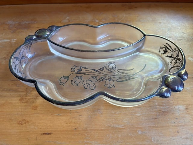 Antique Vintage Sterling Silver Glass Overlay Pickle Serving Dish Floral: Antique vintage Sterling silver overlay on clear glass serving dish probably for pickles or other garnishes, floral decoration, some fritting on bottom edge.