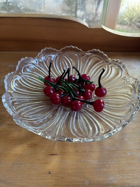Glass Bowl: Glass Serving Bowl with glass cherries for deco