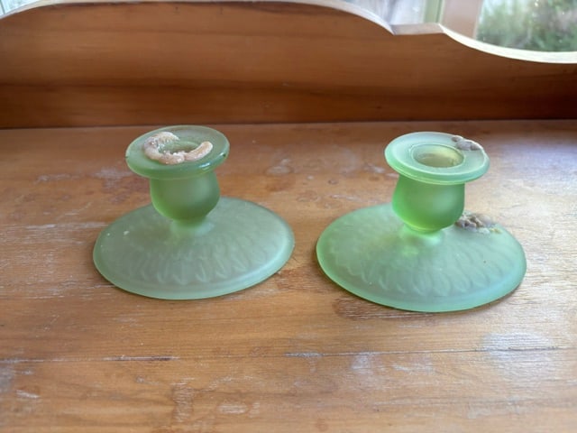Pair Vintage Green Frosted Glass Candle Holders (1 of 3)