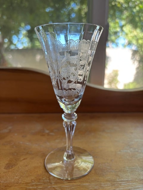 Tiffin Capri Passion Flower Cordigal Glass Set of 4: This lovely 1930s elegant etched cordial glass with paneled optic bowl is the Capri or Passion Flower pattern by Tiffin. It stands nearly 6 inches high. The stem shape is number 15011. The glass is in