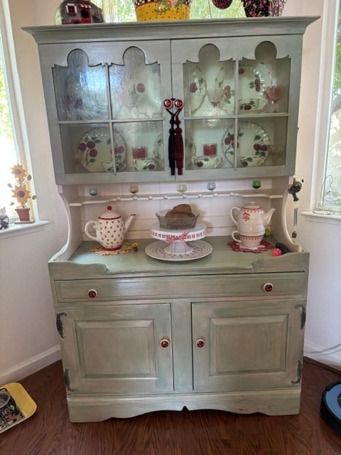 Farmhouse hutch buffet/Vintage hutch/blue hutch/teal hutch/French country/modern farmhouse: Modern farmhouse hutch beautifully refinished in a soft sage green. Early 1950's vintage hutch solid wood. This piece is in good condition, plenty of storage in the lower section and lovely shelves th