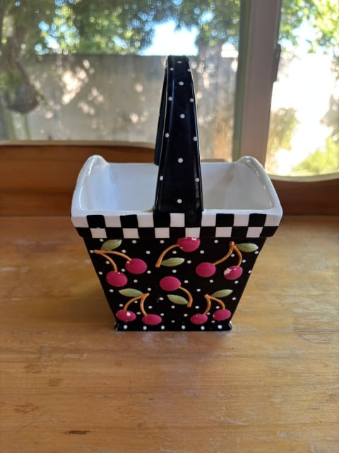 Mary Engelbreit Black & White Ceramic Cherry Basket (1 of 3)