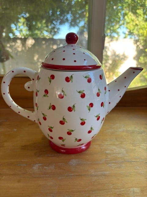 Hallmark Ceramic Teapot: Cherry Finial, Red Polka Dots (1 of 5)