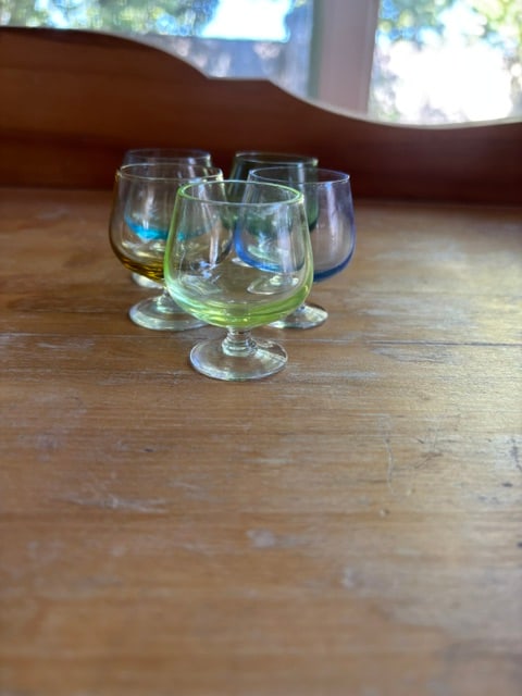 Brandy Snifters Miniature Glasses x5 Rainbow Glass Art Deco Hand Blown (1 of 4)