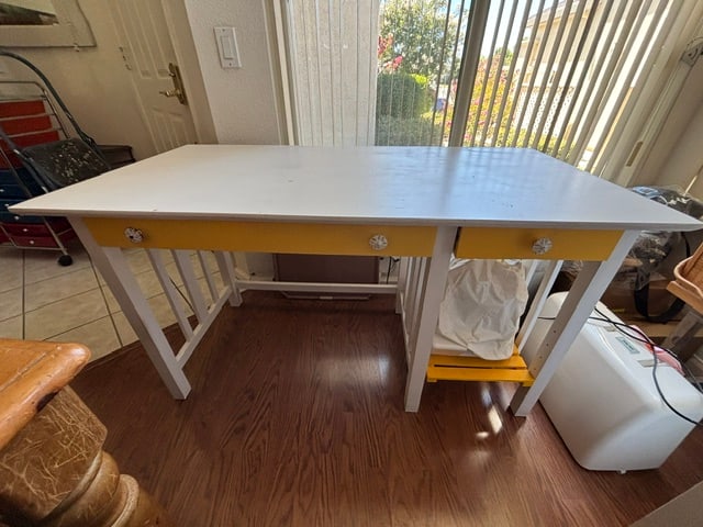 Simple White and Yellow Desk with two drawers and a shelf: Simple White and Yellow Desk with two drawers and a shelfMinor wear