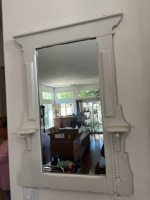 Antique white-painted wood mirror features an Eastlake style design with integrated shelves (1 of 5)