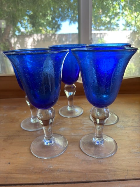 ARTLAND IRIS Cobalt Blue BUBBLE Glass Goblets HAND CRAFTED 8.25" Tall 16 oz., set of 5 (1 of 3)