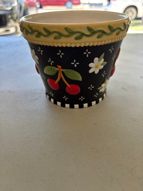 Mary Engelbreit Red Cherries Daisies Black White Yellow Planter Bowl Container (1 of 3)