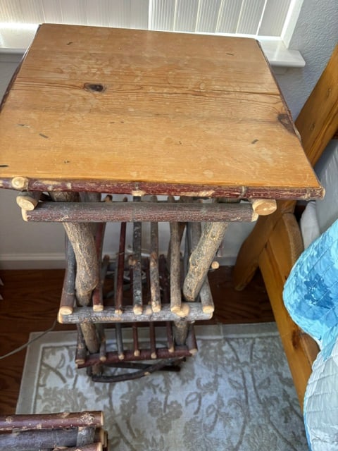 Pair Adirondack Style Hand Crafted Twig Log Wood Plant Stands or End Tables (2): These are solid/sturdy tables or plant stands.Hand crafted of twig/log wood.No labels.Purchased in the Lake Tahoe, California.Two in this set.