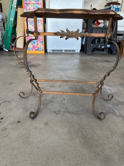 French-style Rustic Dark wood side table with wrought iron (1 of 6)