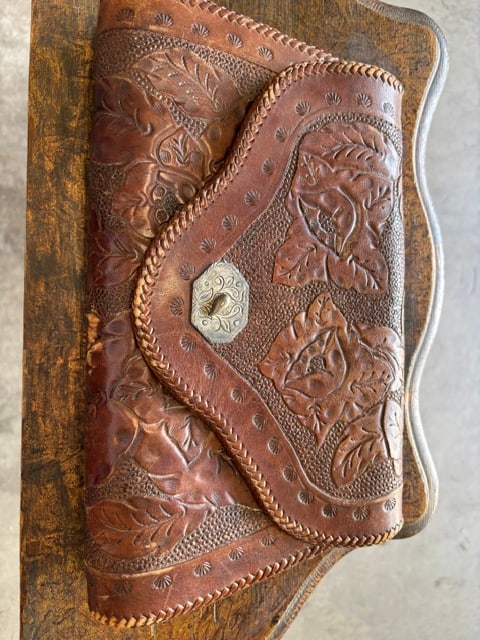 Vintage Hand Tooled Flowers Leather Handbag Clutch Purse (1 of 4)