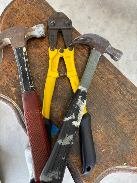 pair of yellow-handled bolt cutters and two heavy-duty hammers, 10" Compass Saw and SS ruler (1 of 5)