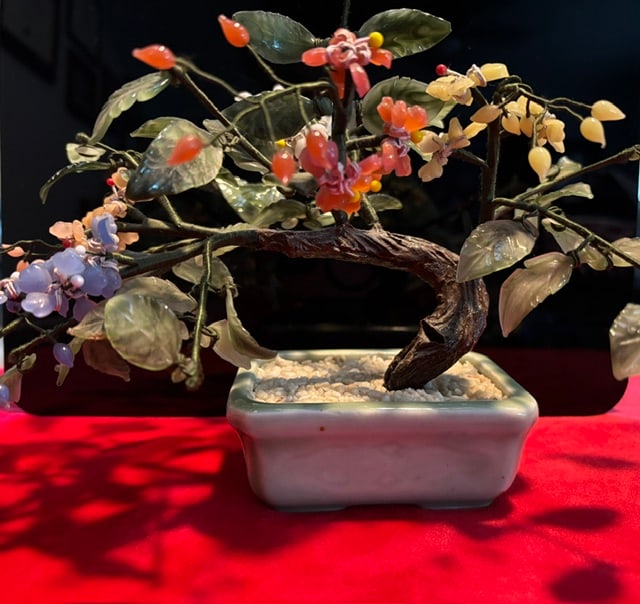 Jade Glass Bonsai Tree in Celadon Planter Sculpture Multicolor Floral Vintage: Vintage Chinese jade and glass bonsai tree featuring multicolored flowers and a celadon planter.Similar decorative sculptures often feature hand-crafted glass leaves and colorful stone blooms.Such