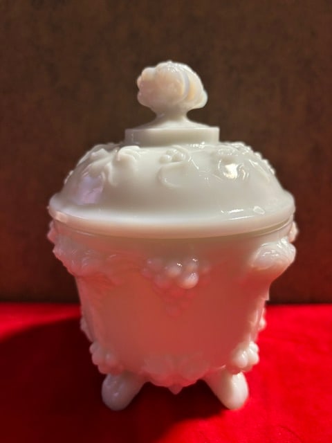 Vintage Portieux Vallerysthal Opaline Milk Glass Covered Footed Candy Dish Grape (1 of 6)