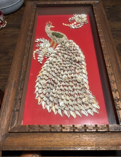 RARE - 60's Vintage PEACOCK ORIGINAL Folk Art Shadow Box SHELL Picture: 1960's Fantastic Folk ArtPeacock Shell ArtHandmade Wooden Shadow Box29" tall / 16.5" wide / 3-1/2" deepThere were artisans in the Philippines who hand made these, probably a big tourist attraction.
