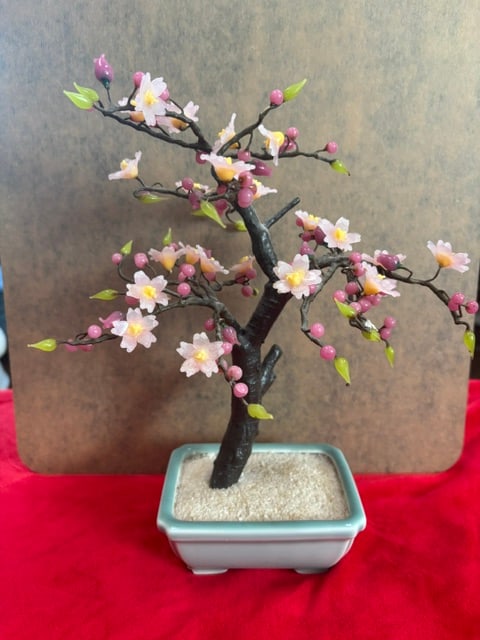 Vintage Glass Pink Cherry Blossom Flowers Leaves Bonsai Tree 10" Tall multicolor (1 of 6)