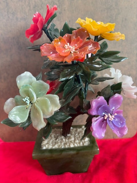VINTAGE ORIENTAL JADE FLORAL TREE IN CLOISONNE POT ARRANGEMENT (1 of 8)