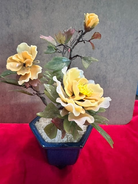 Vintage Chinese Peking Glass Jade-Style Bonsai Tree with Yellow Peony Flowers: This is a vintage Chinese-style bonsai tree sculpture featuring yellow flowers and green leaves, likely crafted from jade or peking glass.The sculpture is housed in a blue hexagonal pot and stands on 