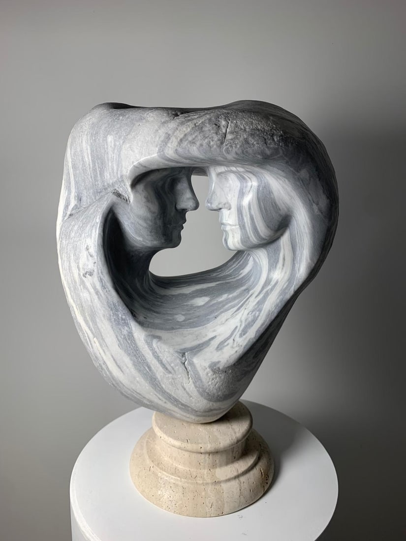Domenico Ludovico Here and now, 2024 Marble Carrara white with nuvole (cloudy) from the Tuscany: Domenico Ludovico Here and now, 2024 Marble Carrara white with nuvole (cloudy) from the Tuscany Apuan Alps (Carrara) rare and precious hand carved 21 3/10 × 19 3/10 × 8 7/10 in 54 × 49