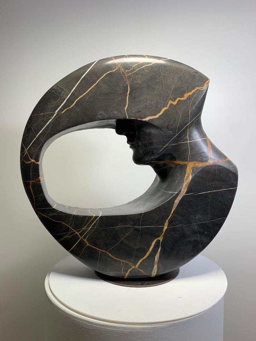 Domenico Ludovico Golden Dream Tondo ( Black and Gold Tondo), 2024 Marble Saint Lauren from the: Domenico Ludovico Golden Dream Tondo ( Black and Gold Tondo), 2024 Marble Saint Lauren from the Tuscany Apuan Alps (Carrara) rare and precious hand carved 18 9/10 × 7 9/10 × 18 9/10 in 48 &#
