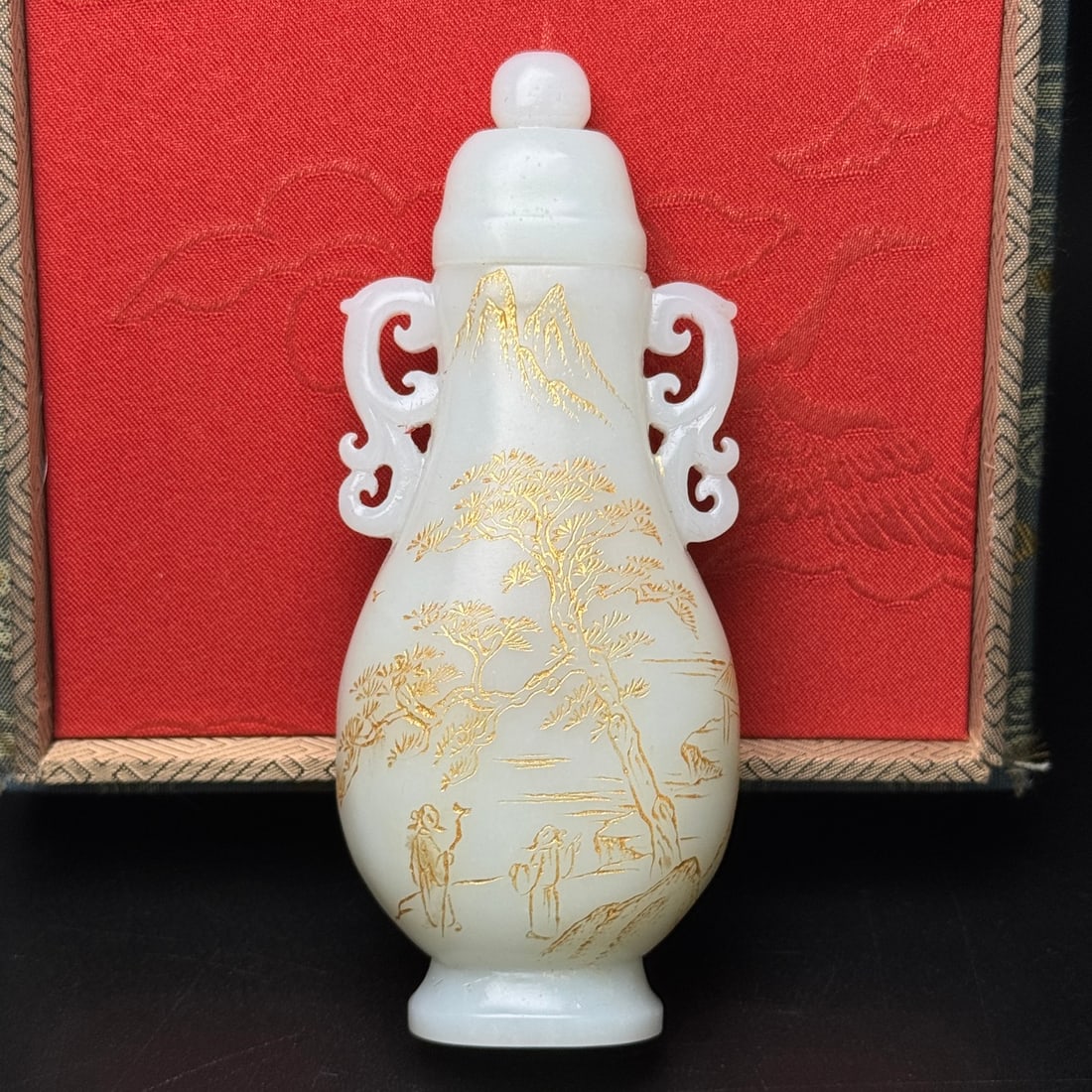 Old Chinese Hetian White Jade Carved Vase, Gilt Decoration, Scholars Beneath Pine Tree (1 of 9)
